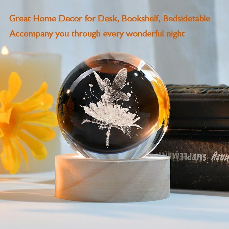 ZRENJHUS Flower Fairy Crystal Ball Fairy with Flower Glass Decor 3D Engraving Decorative Ball Light Gifts for Girls Women Fairy Lovers Wedding Gift with Light Base - Image 4